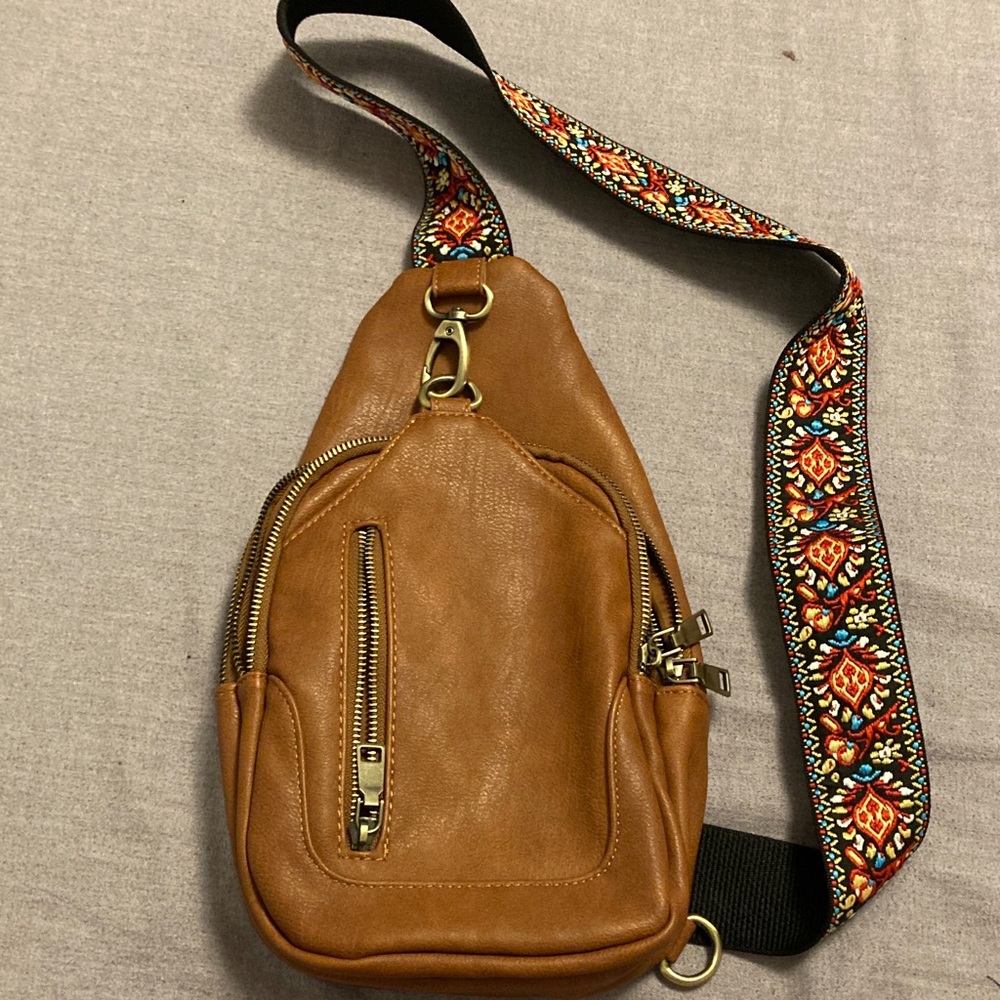Antik Kraft Brown Crossbody Bag with Patterned Strap